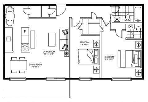 Floor plan for 2 beds, 1.5 baths, 940 sqft